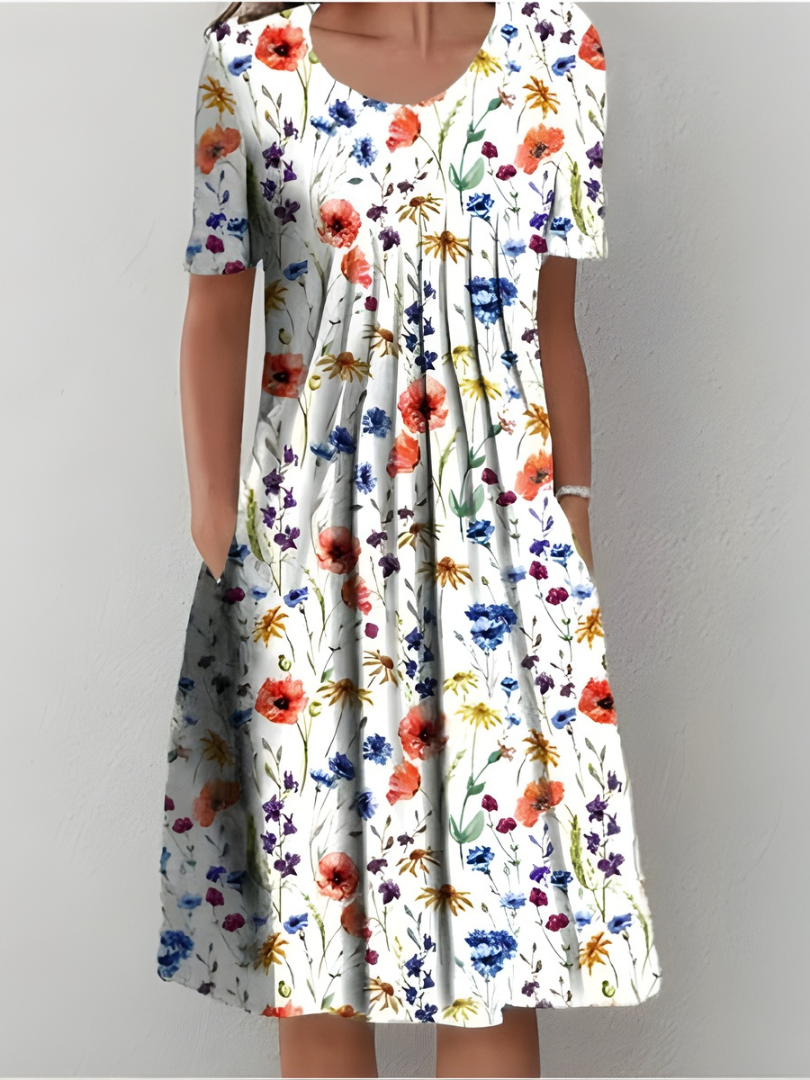 Aurexia - Robe Femme Florale Plissée Manches Courtes Coupe Fluide Élégante