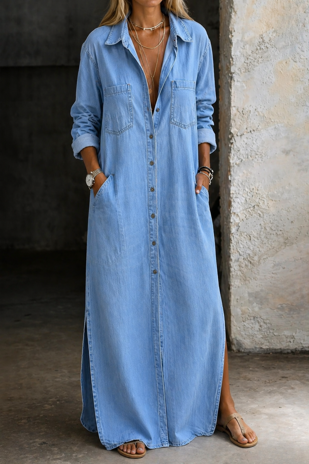 Jasmoria - Robe chemise longue femme en denim boutonnée