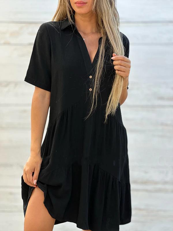 Vionelle - Robe décontractée, unie, à manches courtes en coton et lin pour femme