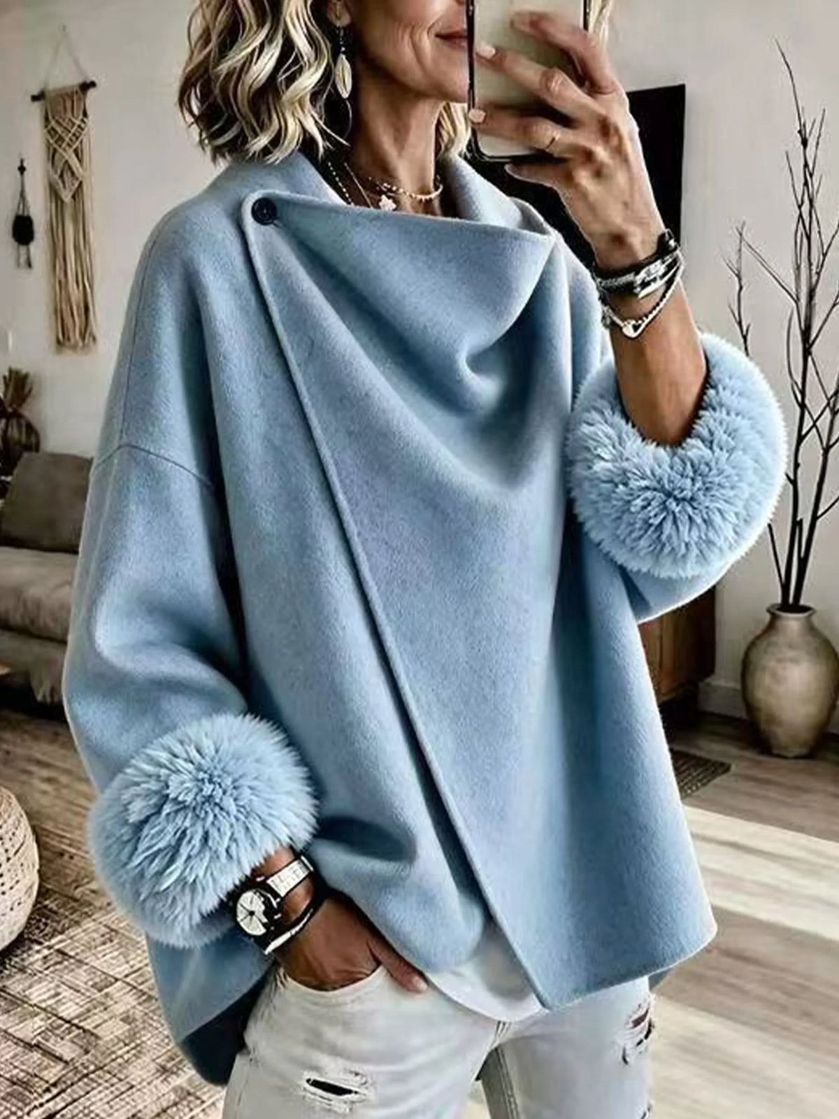 Lammie - Veste femme drapée avec poignets en fausse fourrure