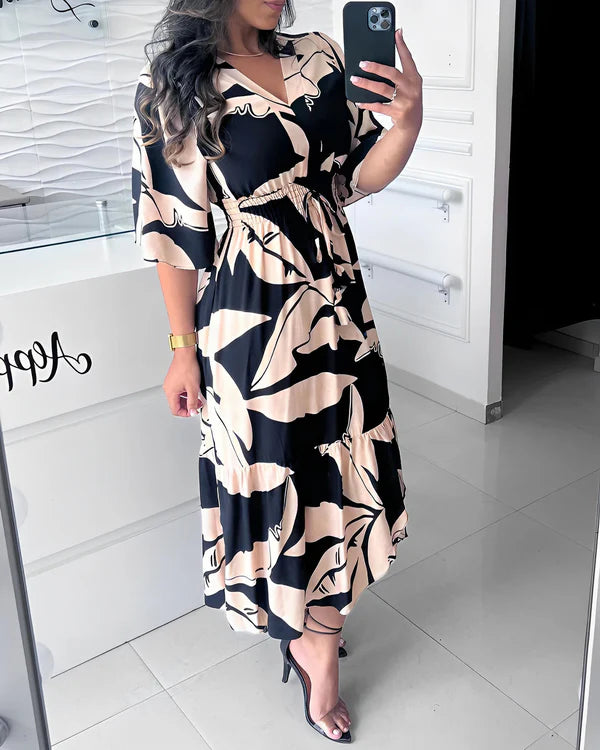 Orlissa - Robe femme à col V avec taille ajustable et imprimé noir