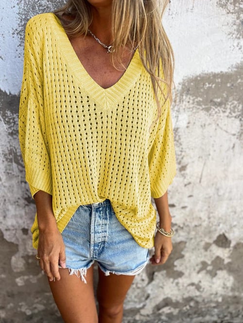 Delia - Top tricoté à col en V avec motif creux