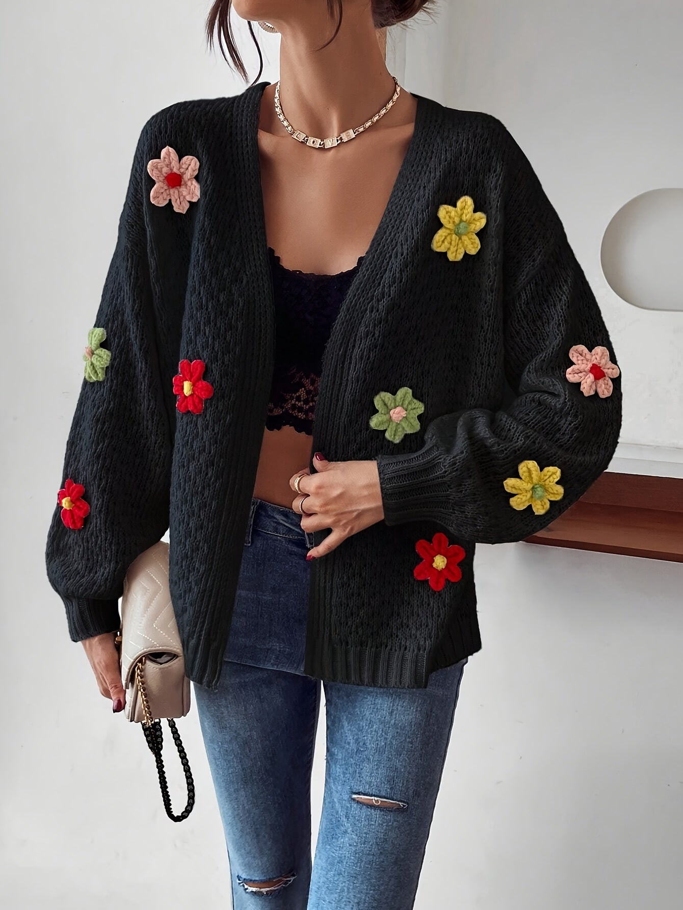 Risette - Cardigan Tricoté à Motif Floral