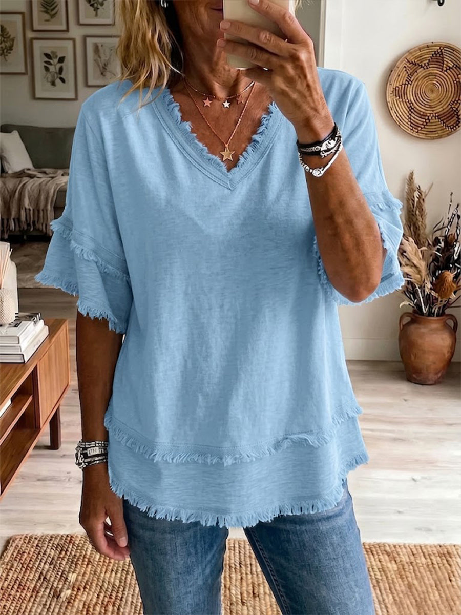 Jovrya - Top femme lin col V manches courtes coupe décontractée été