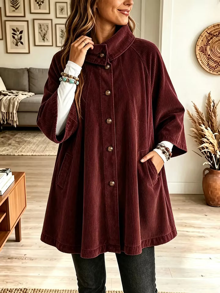 Titia - Women's oversized corduroy cape coat with a turndown collar