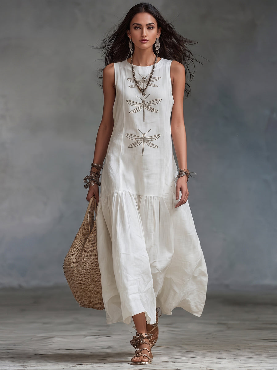 Nireliah - Robe longue femme coton lin sans manches motif libellule