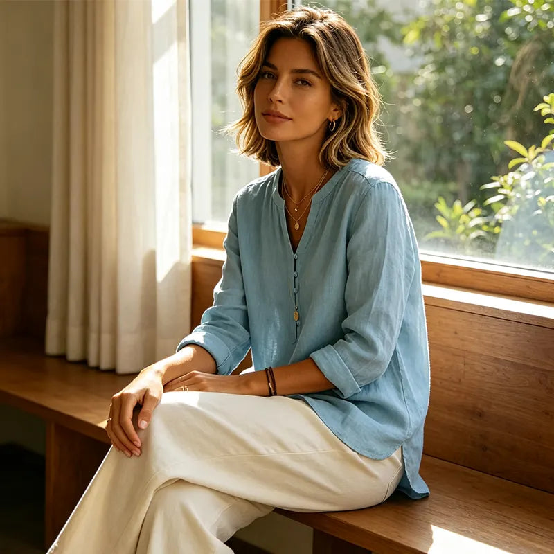Vaelis - Chemise femme ample col V avec boutons