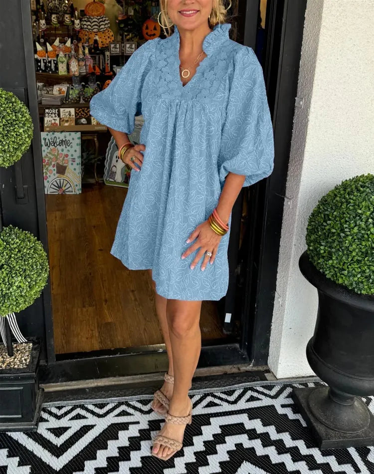 Tesia - Robe Courte Jacquard à Manches Bouffantes