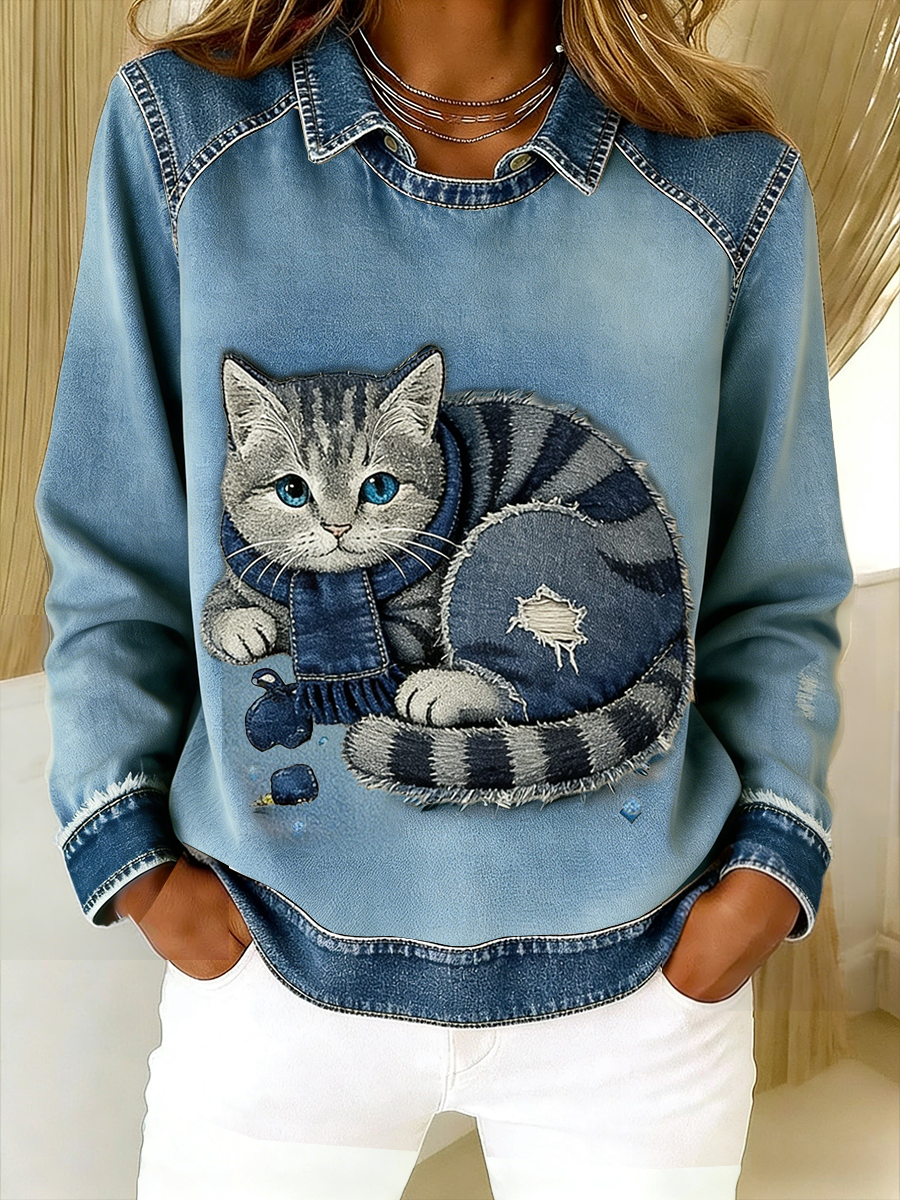 Oravellissa - Sweat-shirt en Denim Patchwork Rétro