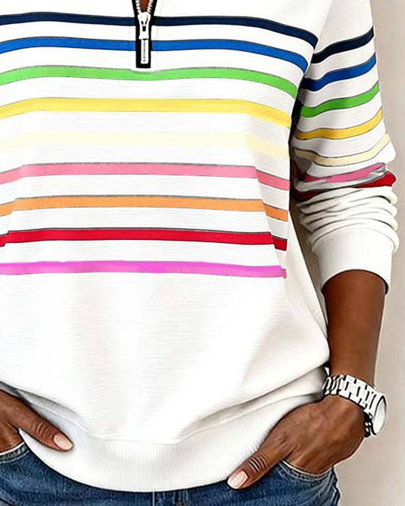 Isavelline - Sweat Zippé Décontracté à Rayures Colorées