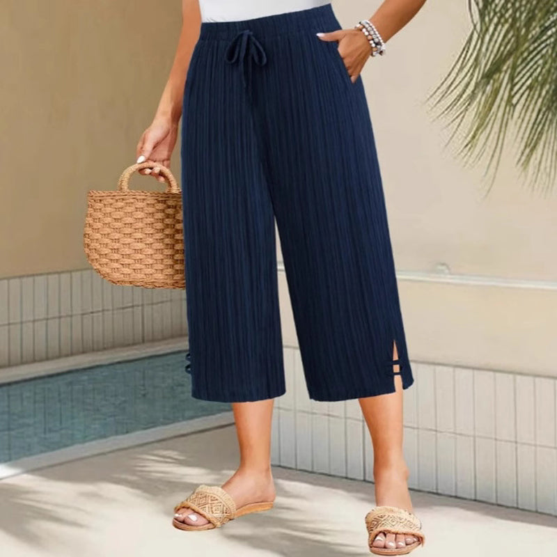 Cyntra - Pantalon Femme Coton Lin Jambes Larges Taille Confort Coupe Fluide