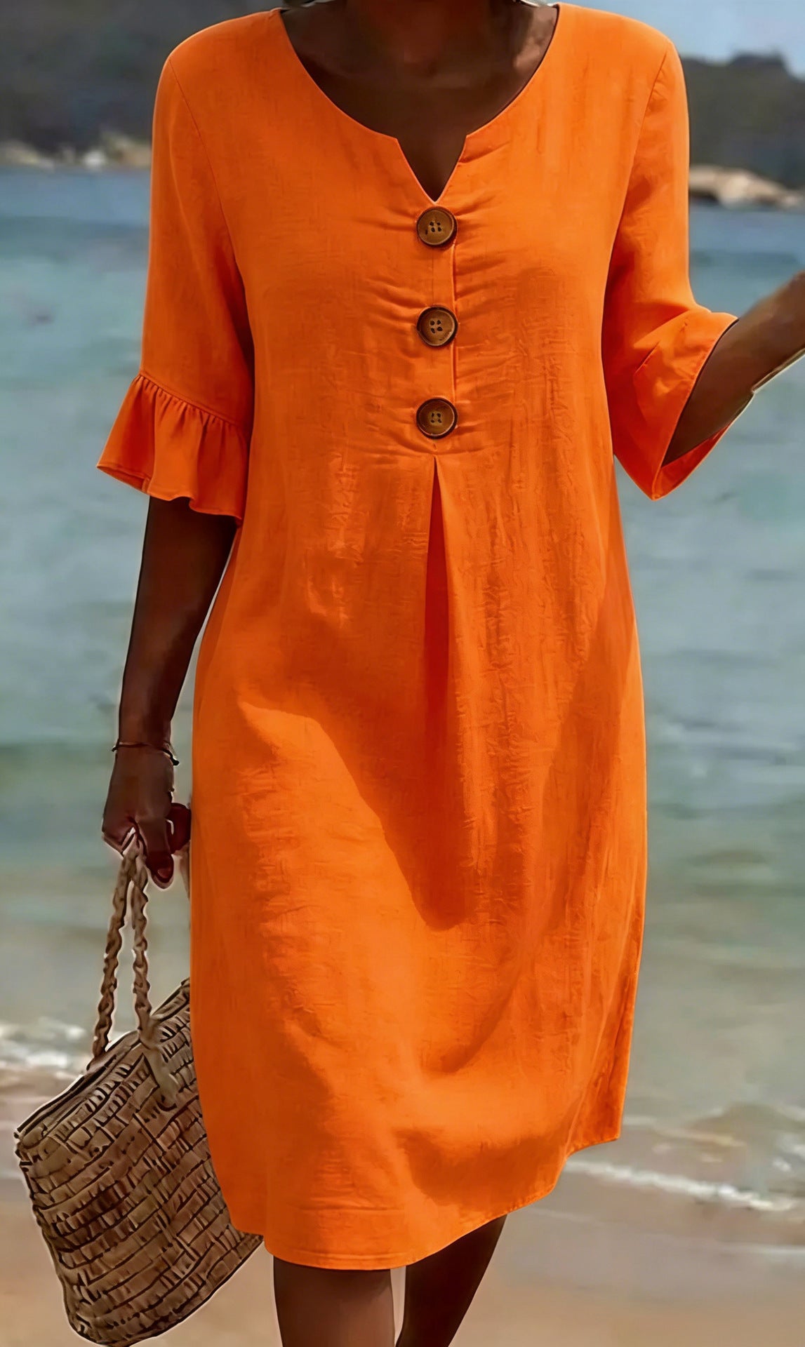Beatrix - Robe Femme Coton Lin Coupe Fluide Boutons Manches Évasées Élégante