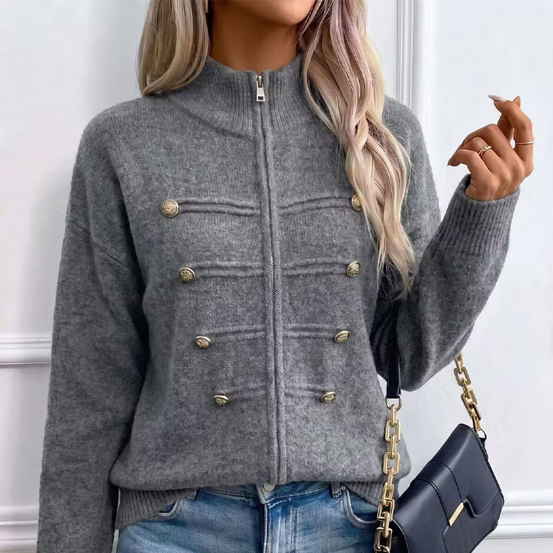 Teuntje - Women's knit cardigan with high neck, zip, and decorative buttons