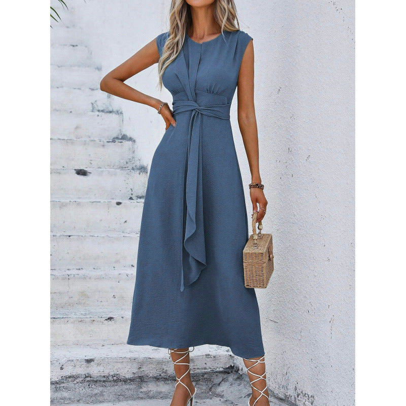 Orivessa - Robe longue femme unie sans manches avec ceinture drapée
