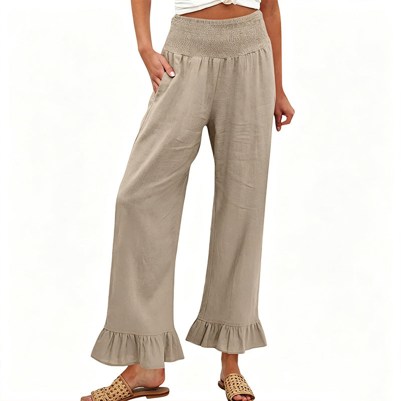 Dorexa - Pantalon femme taille haute smockée large coton lin boho