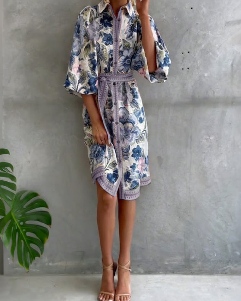 Glyssara - Robe florale élégante femme à manches lanterne et boutons