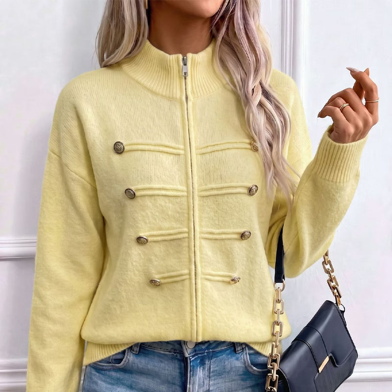 Teuntje - Women's knit cardigan with high neck, zip, and decorative buttons