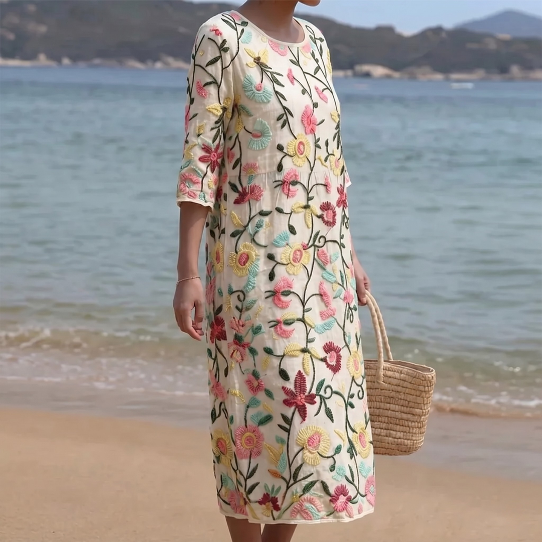 Elyrae - Robe midi femme brodée à fleurs multicolores