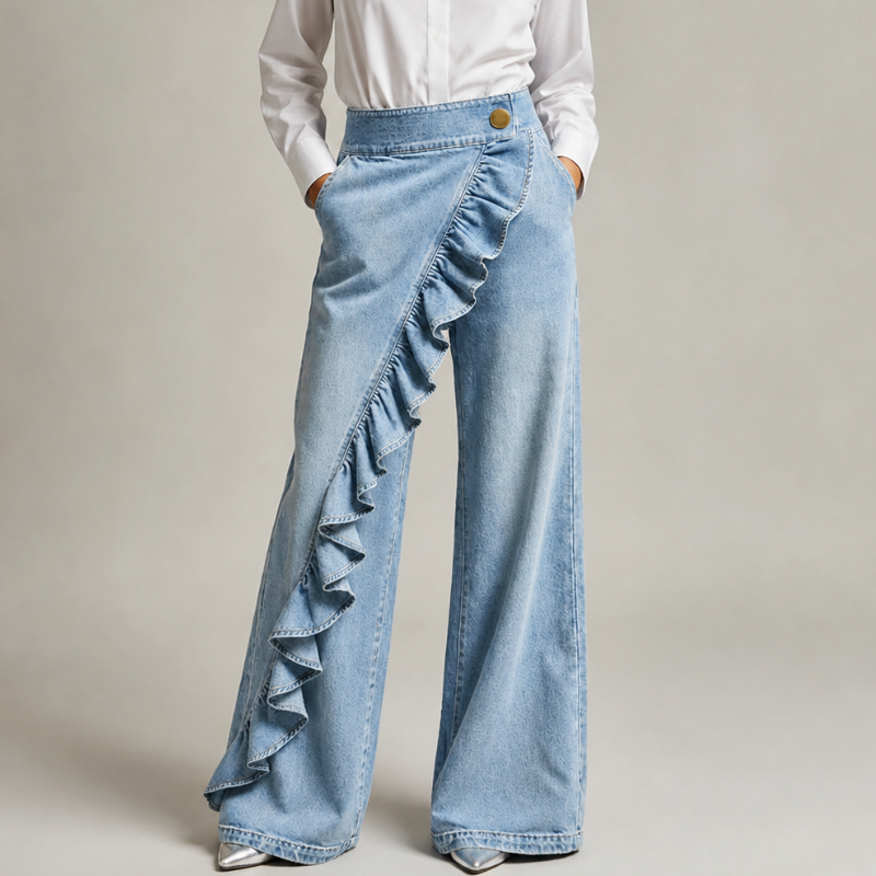 Izzavelle - Pantalon femme large en denim à volants style jupe-pantalon élégant