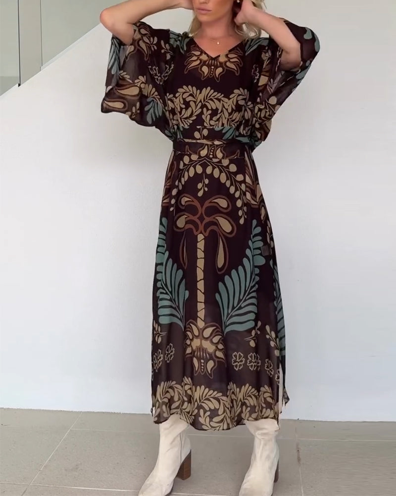 Praxellea - Robe bohème femme maxi ample col V imprimé feuilles élégant