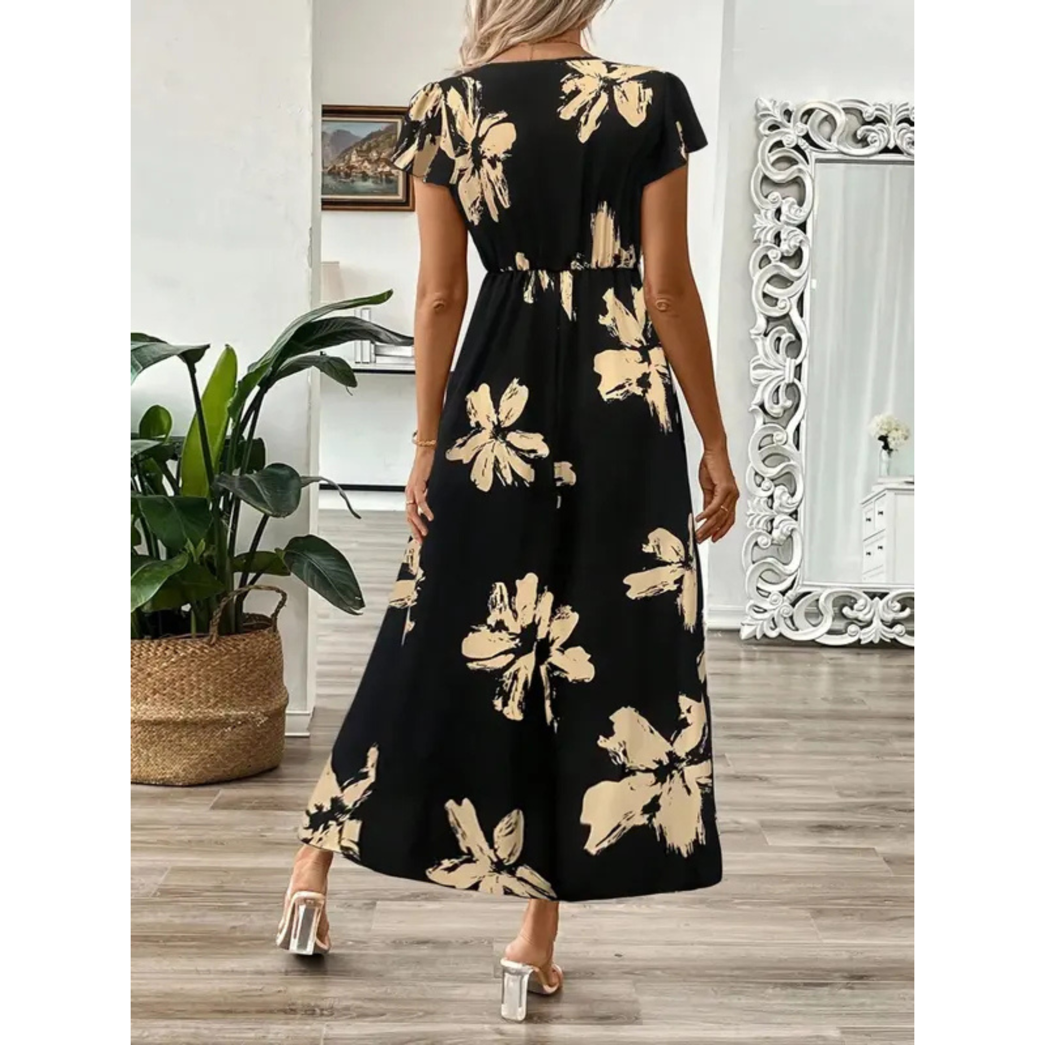 Korevyn - Robe maxi femme imprimé floral noir et beige élégante fluide