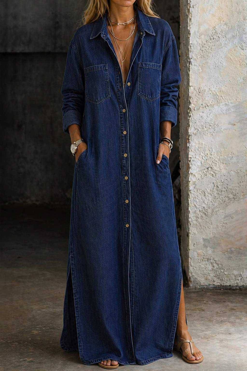 Jasmoria - Robe chemise longue femme en denim boutonnée