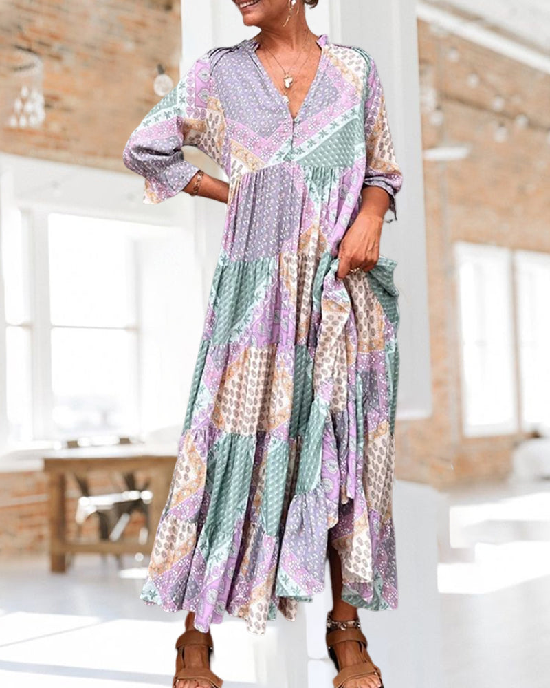 Quinna - Robe maxi colorée à imprimé color block et manches 3/4