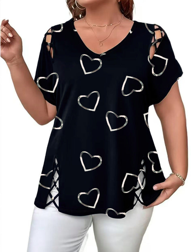 Elowra - Blouse femme col V avec imprimé cœurs