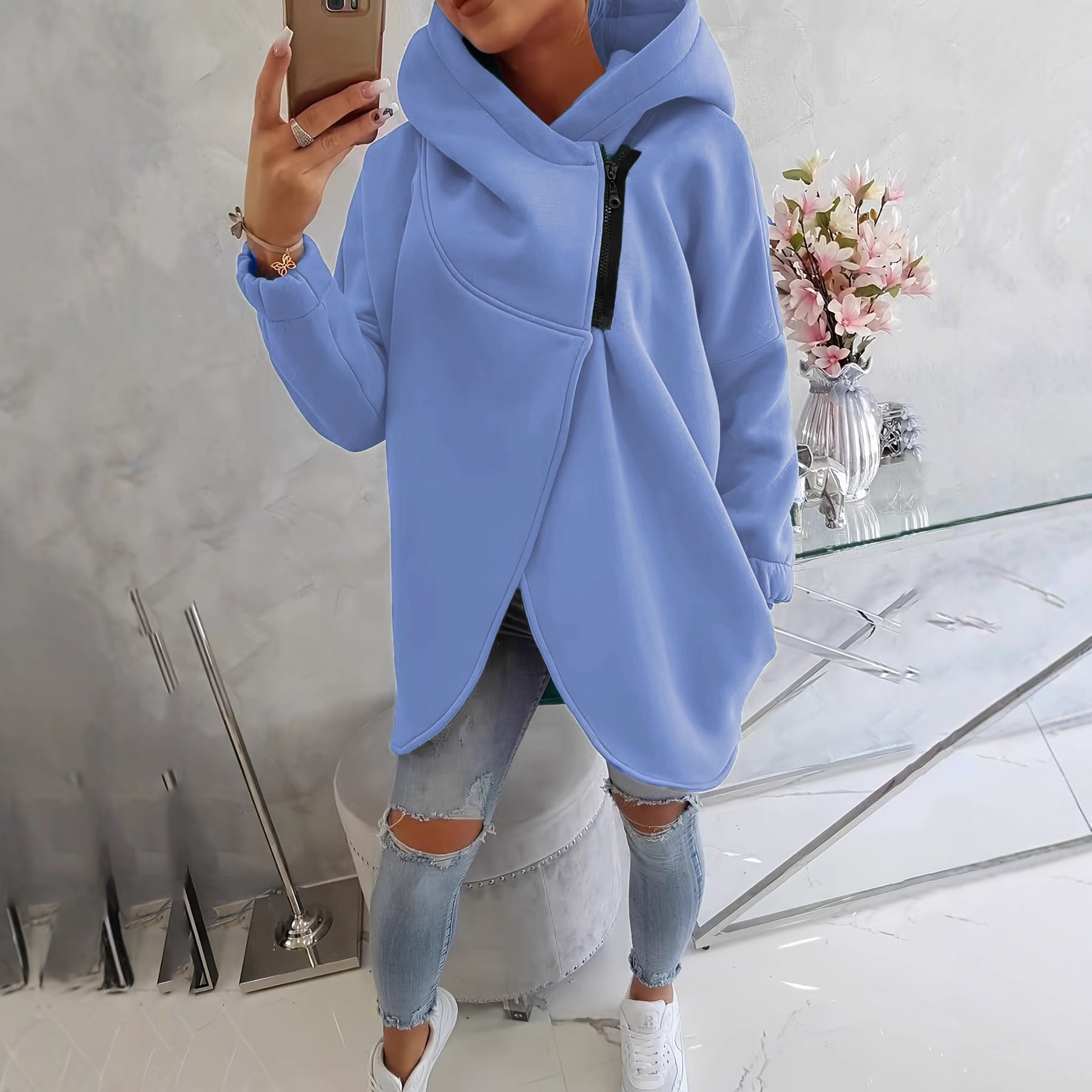 Quenlisse - Sweat à capuche zippé pour femme avec poches avant