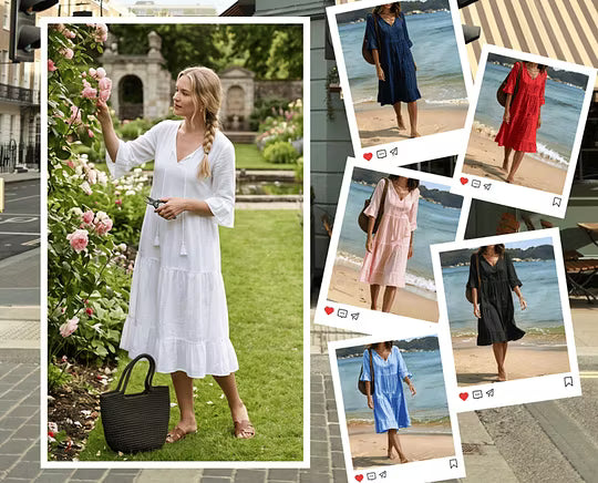 Faelora - Robe midi femme en coton à col en V et coupe fluide