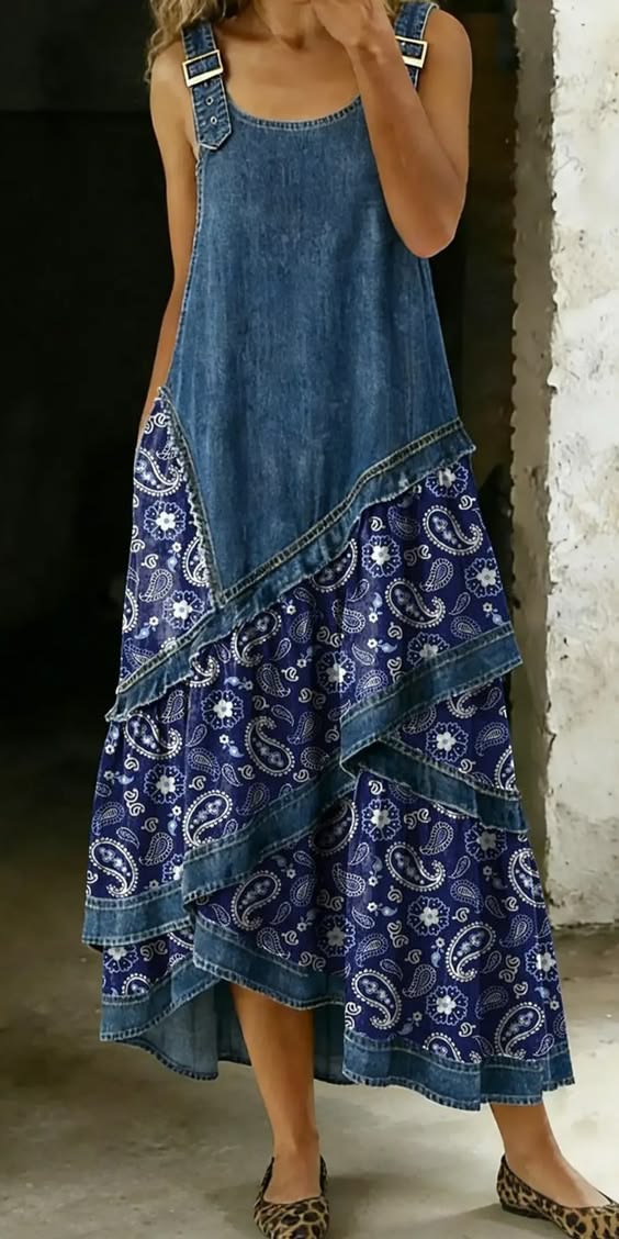 Rovessira - Robe maxi femme patchwork bohème en jean et imprimé floral