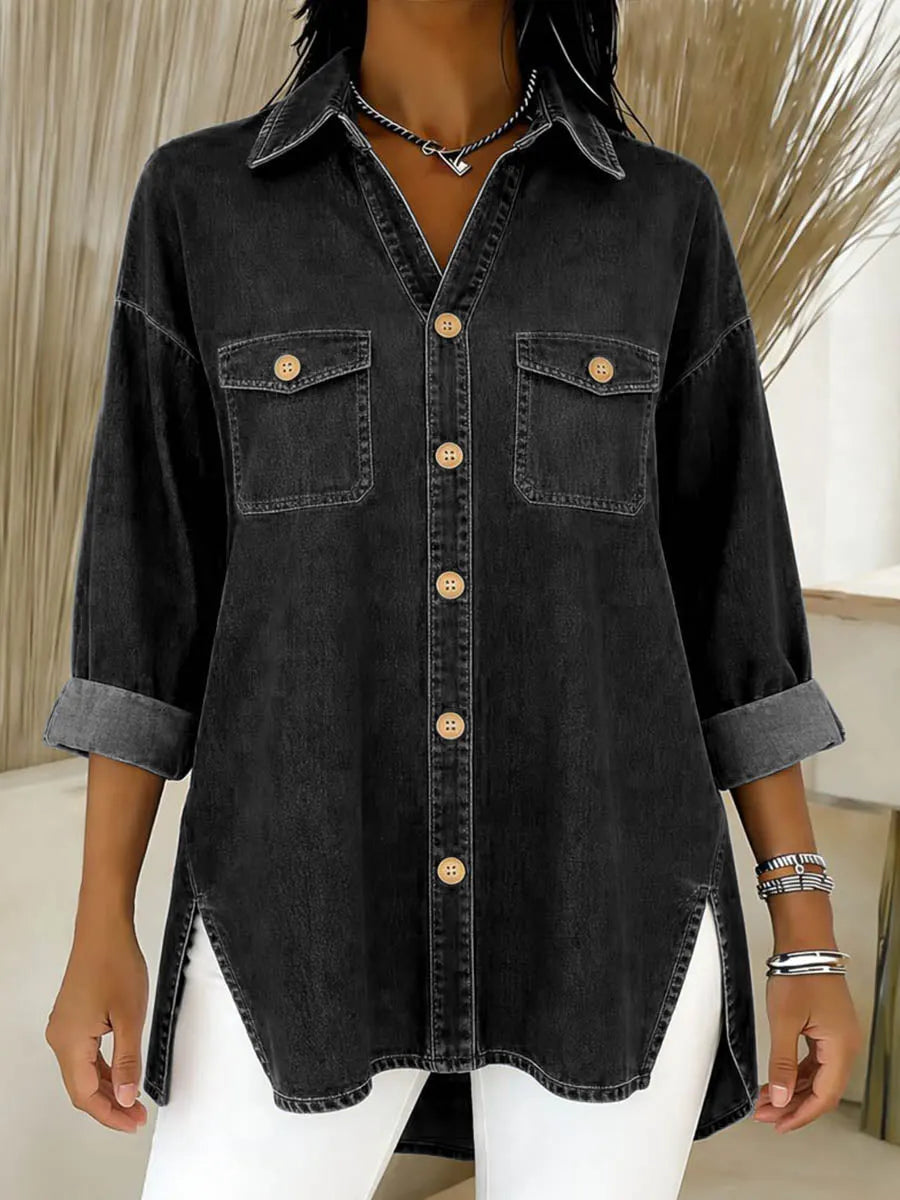 Cléa - Women's loose-fit long denim shirt with chest pockets