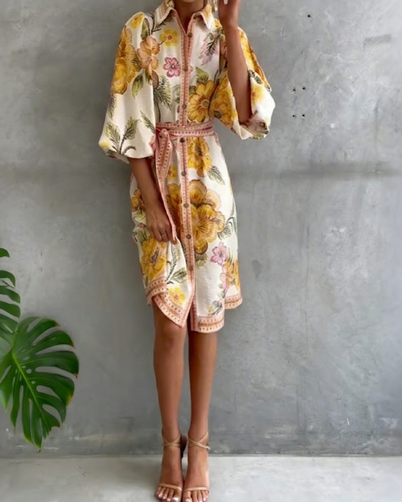 Glyssara - Robe florale élégante femme à manches lanterne et boutons