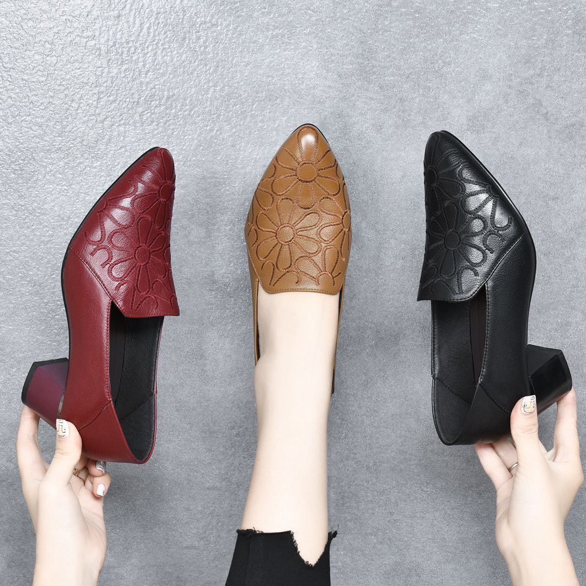 Doralyn - Escarpins en Cuir Véritable à Broderies Élégantes