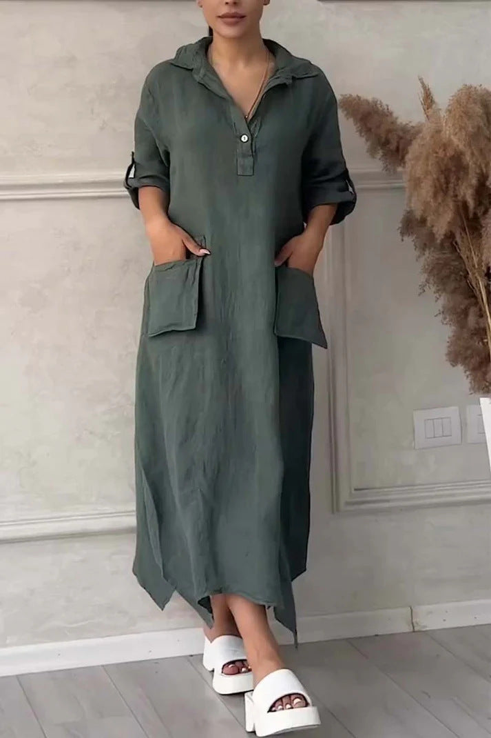 Leontine - Robe maxi femme en lin et coton avec revers