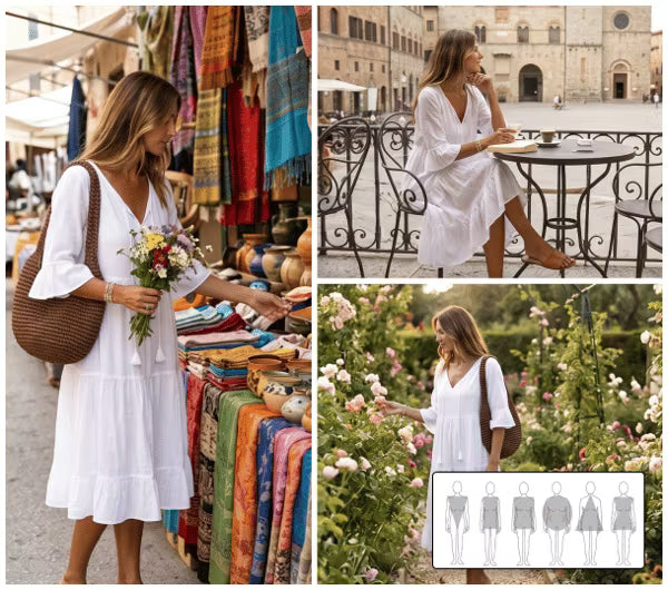 Faelora - Robe midi femme en coton à col en V et coupe fluide