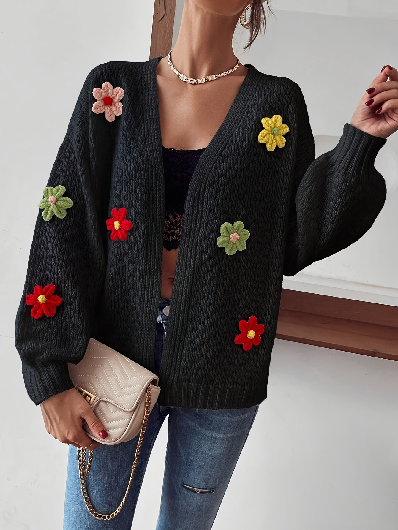 Risette - Cardigan Tricoté à Motif Floral