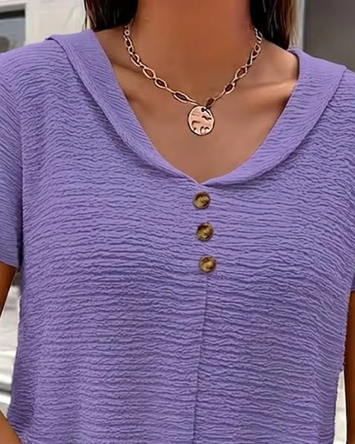 Syzelle - T-shirt femme col rond texturé manches courtes boutons décoratifs élégant