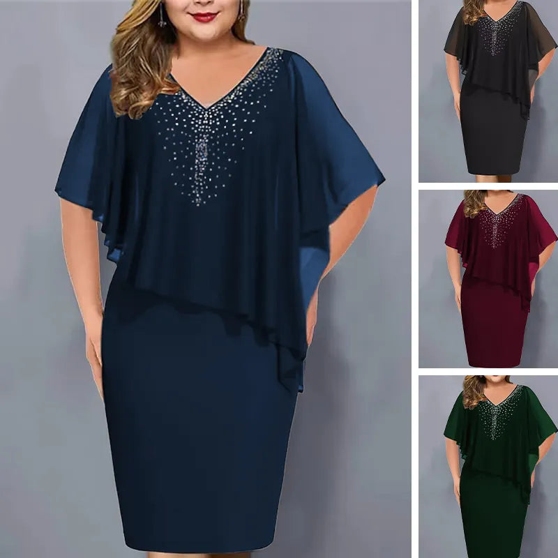 Lorenne - Robe cape femme avec strass et superposition en mousseline