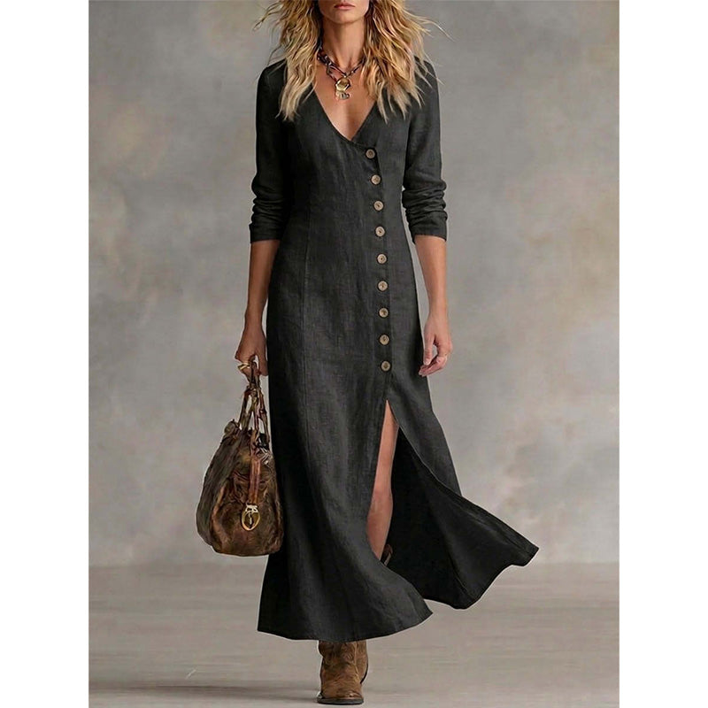 Quinalisse - Robe chemise vintage élégante à manches longues midi
