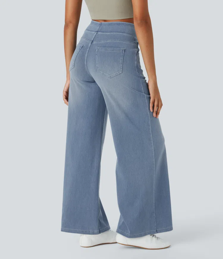 Ruvessa - Jean femme taille haute jambe large très extensible coupe moderne