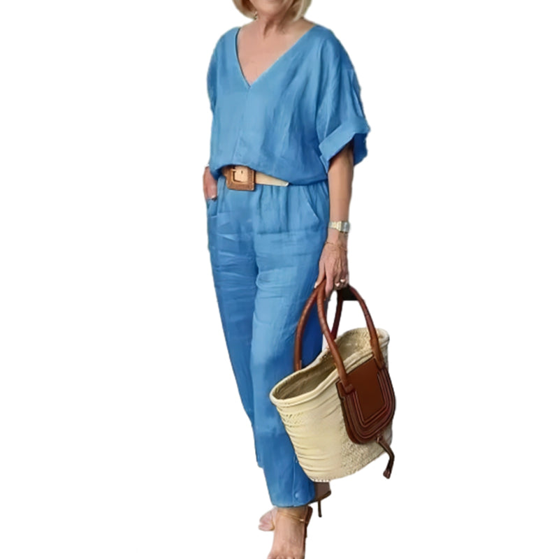 Loxaria - Ensemble femme haut col V pantalon poches style décontracté