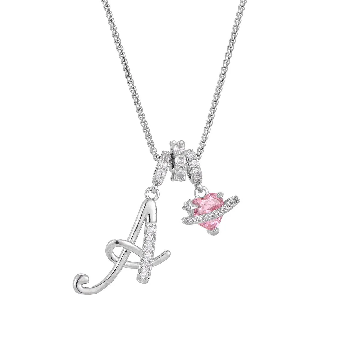 Carmelle - Collier Initiale Avec Cœur Rose Brillant