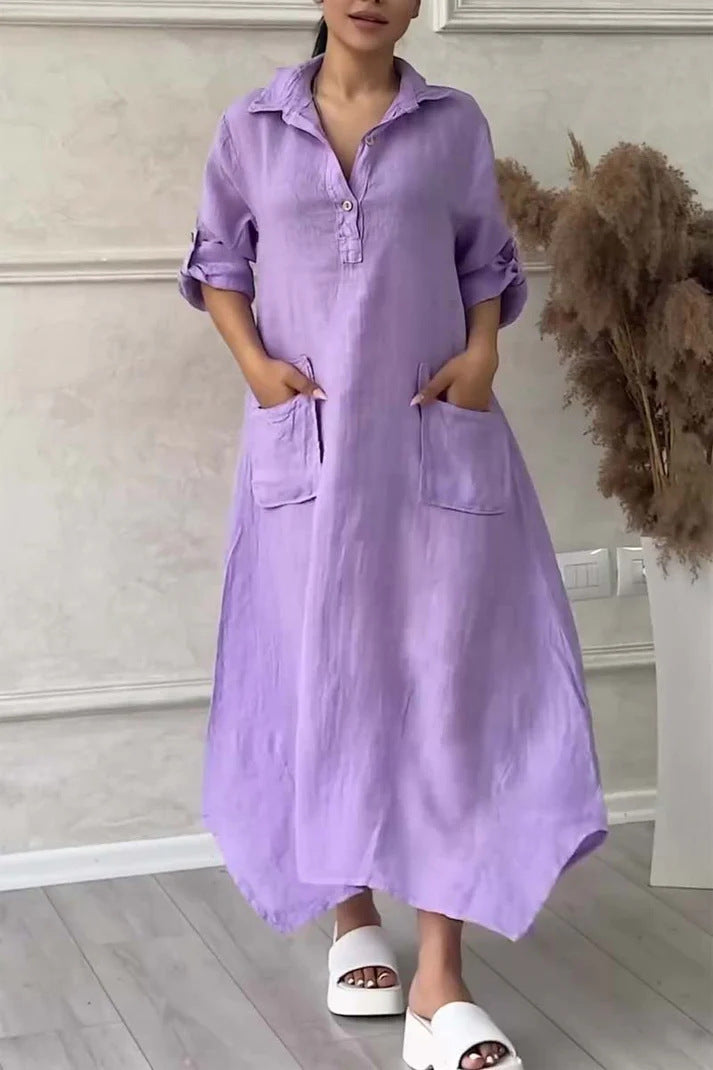 Leontine - Robe maxi femme en lin et coton avec revers