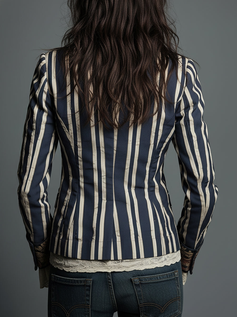 Avenorix - Blazer femme rayé bohème à imprimé floral vintage chic