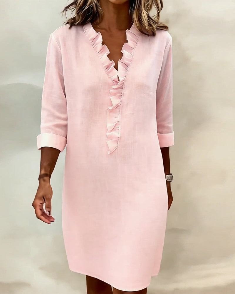 Ophivyn - Robe femme col V à volants coupe droite style décontracté