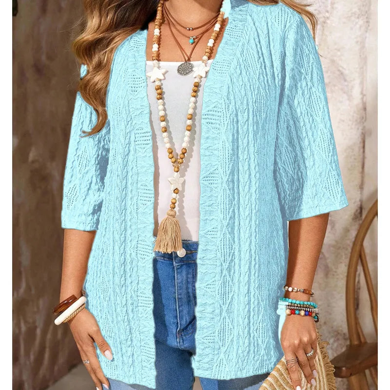 Enora - Cardigan femme tricoté ouvert à manches 3/4