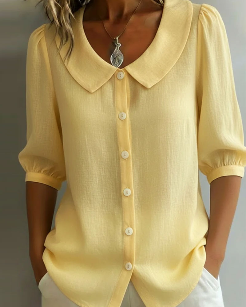 Neslora - Chemise femme coton col Peter Pan manches mi-longues élégantes