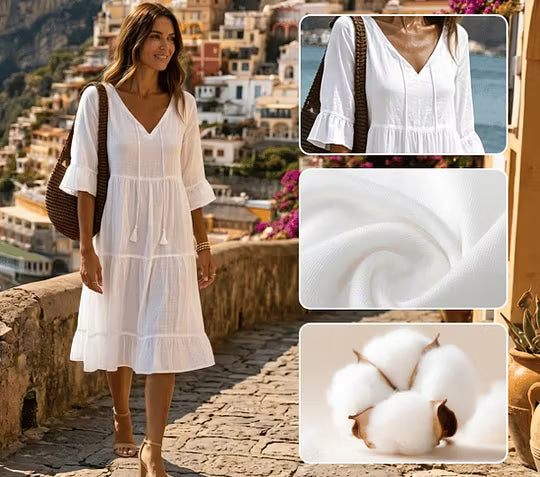 Faelora - Robe midi femme en coton à col en V et coupe fluide