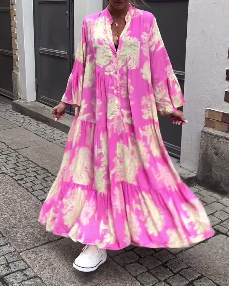 Greta - Robe Patchwork Ample avec Col en V et Manches Cloches Imprimées